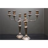 A Pair of Sheffield Plate twin branch three light candelabra with removable sconce and branches.