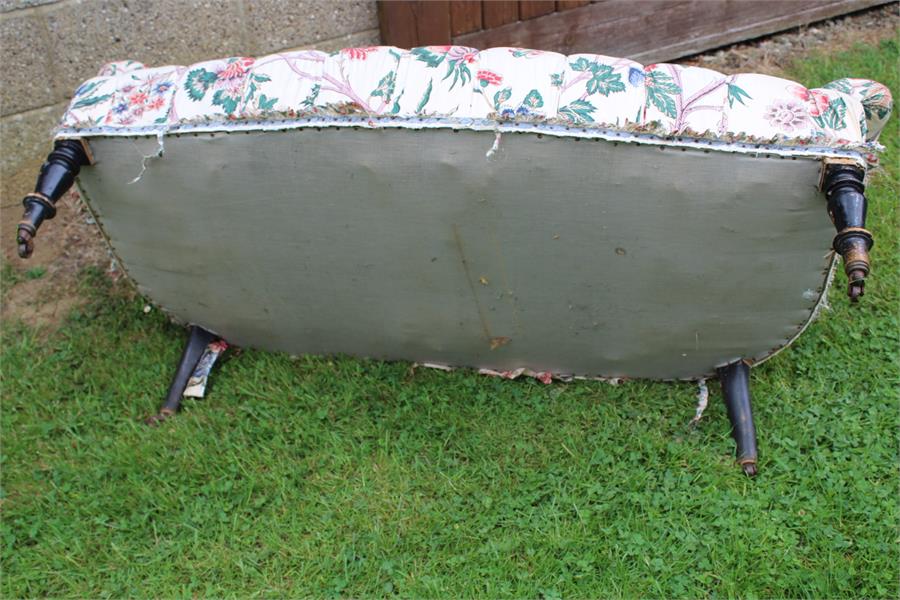 19th century buttoned sofa of small proportions supported on turned ebonised legs with metal - Image 3 of 6