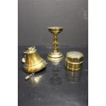 Three Brass items, ships bell, a large candlestick and a Large end nut stamped "R.F Wright Builder