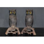 pair of cast metal perched owl fire dogs / andirons with glass eyes.