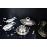 a quantity of silver plate / plated items - gravy dishes, butter dish , warmer with removable tray