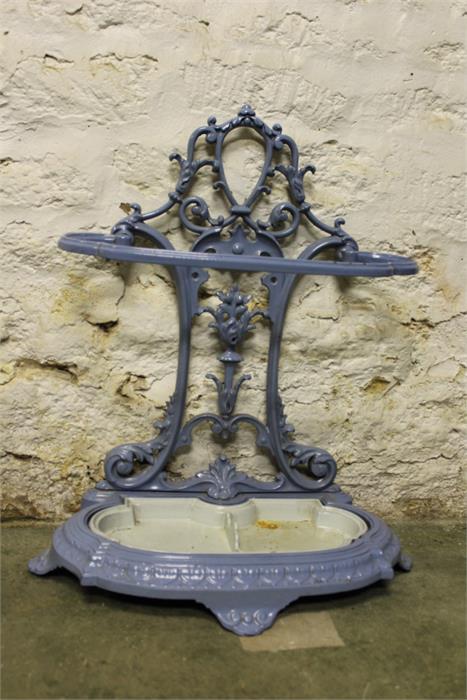 A decorative blue and cream enameled french style cast metal stick stand, with removable tray - Image 2 of 3