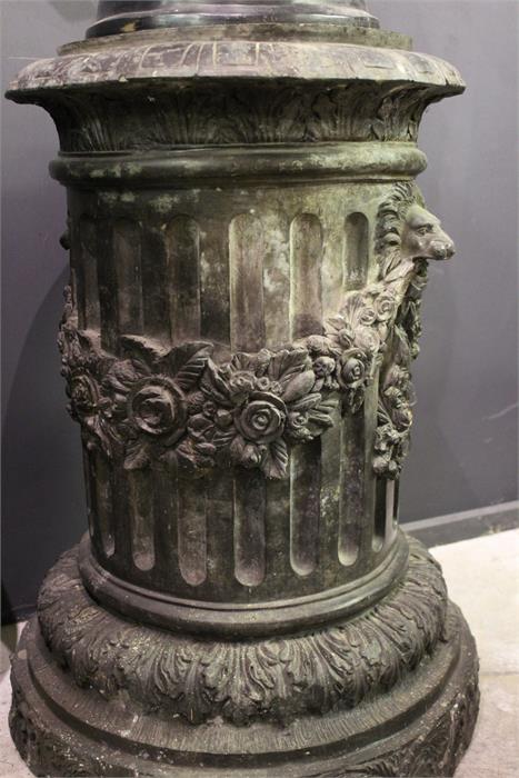 A pair of 19th / 20th century bronze circular column plinths with lion and floral swag decoration, - Image 7 of 8