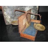 set of antique travelling pharmacy scales in brass with weights and brass tweezers