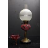 oil lamp - brass and painted, along with cranberry glass oddment.