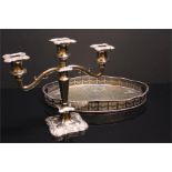 Silver Plated three branch candelabra and a galleried oval tray.