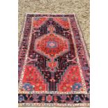 A good Persian wool carpet - rug, Hamedan style 180 x 108 Iran - Red, pink and blues on dark blue