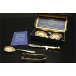 Silver Plated items, to include wine tasters (Tastevin), a bone handled butter knife, sugar