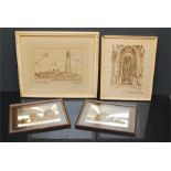 4 framed pictures 1 needlework of st marys lighthouse j.f whitley bay, and "the shrine" national war