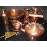 A quantity of polished copper including bowl with copper motif insert, two measuring jugs (maker