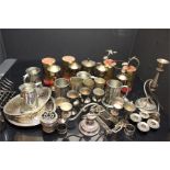 large quantity of metalware, goblets, tankards, teapots etc