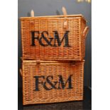 two wicker hamper baskets marked F&M for Fortnum and Mason