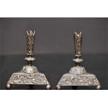 A Pair of small mid 19th century silver plate posy vases / pen holders with repousse work to