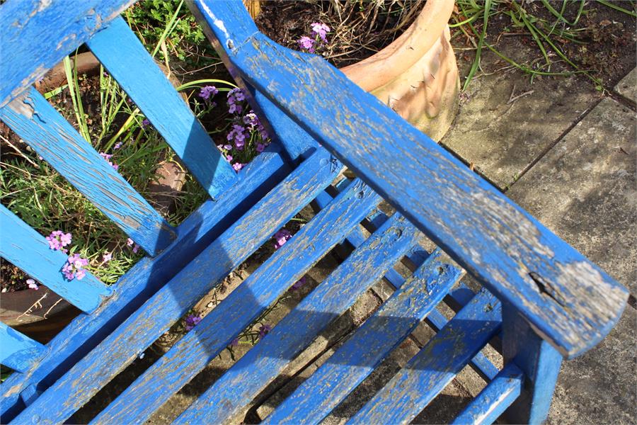 Blue painted weathered teak garden bench. The dimensions are 54 cm in depth, 82 cm in height by - Image 2 of 2