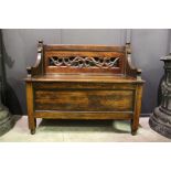 1930's golden oak hall box settle with carved back - inscribed inside "Leicester - J.A Wibberley -
