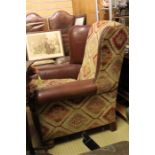 A leather and Kilim (Kelim) type fabric Armchair / Wing Chair