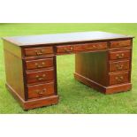 Mahogany pedestal desk Late 19th century- mahogany lined drawers , ceramic castors, rexine covered