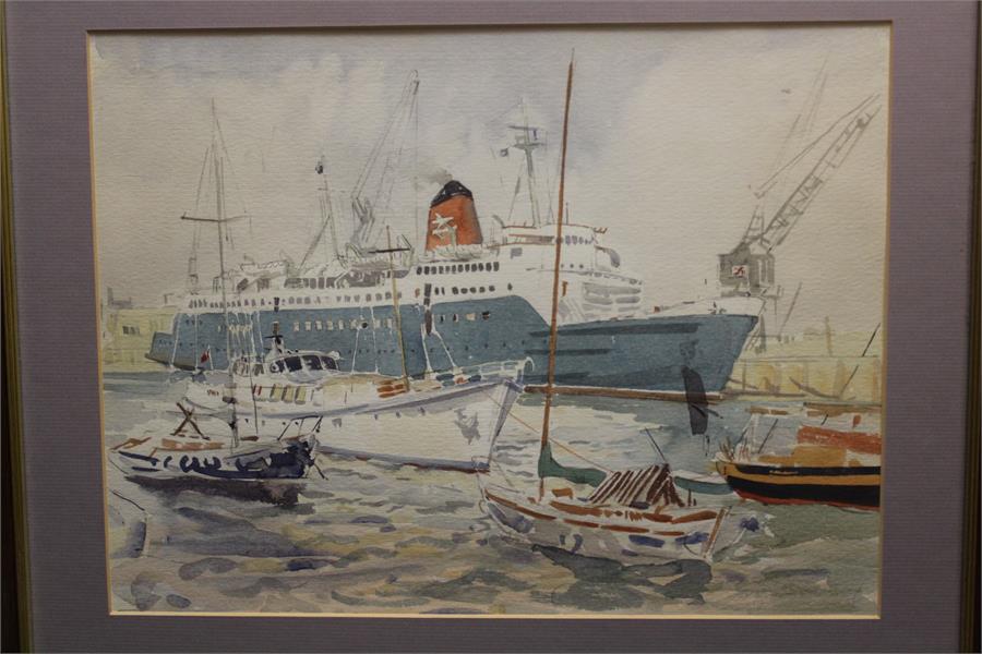 Of Nautical interest, a watercolour of a dock yard depicting a Sealink Ferry. - Image 3 of 28