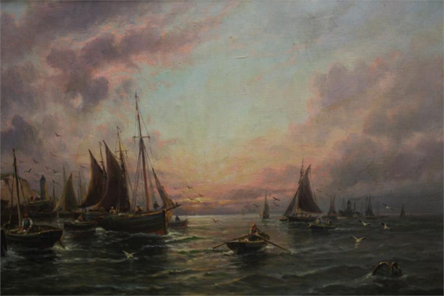 Dutch (?) Oil on canvas bearing indistinct signature M Jeikson (?) Harkson (?) of sunset with - Image 22 of 39