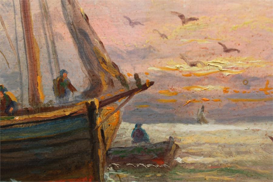 Dutch (?) Oil on canvas bearing indistinct signature M Jeikson (?) Harkson (?) of sunset with - Image 3 of 39