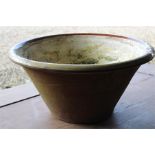 19th century cream slip glazed terracotta dough mixing bowl / pancheon with line decoration