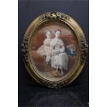 Paul Jourdy : French 1805-1856 - Portrait of two Scottish (?) girls seated. in pastel - mounted in