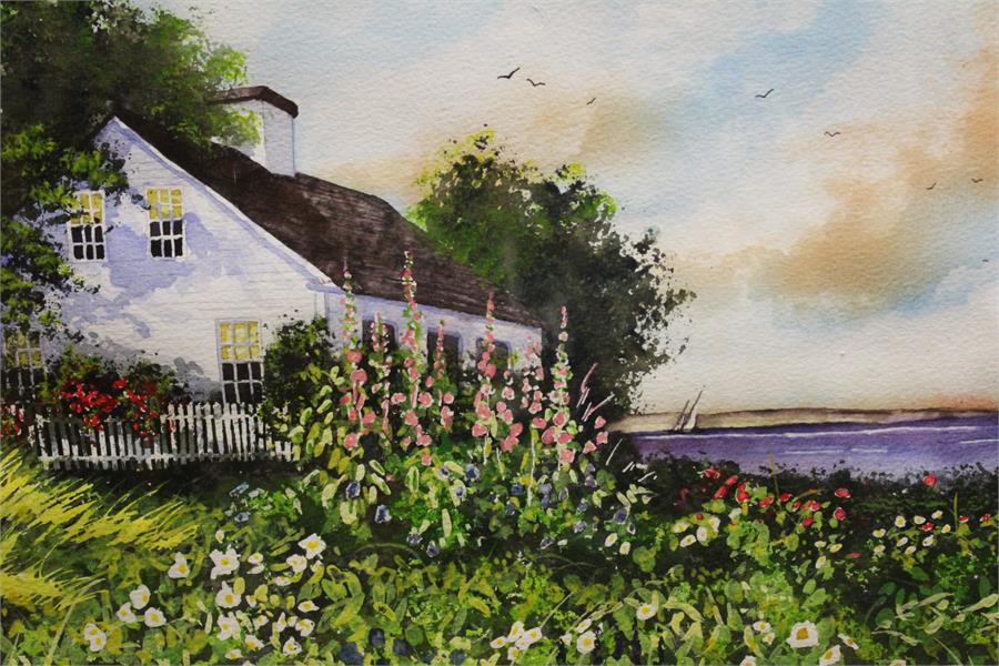 Watercolour of a New England scene ' Clapperboard Cottage ' bearing signature "J.Parker". - Image 21 of 39