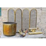 Brass coal bucket, brass folding fireguard and brass light fittings.