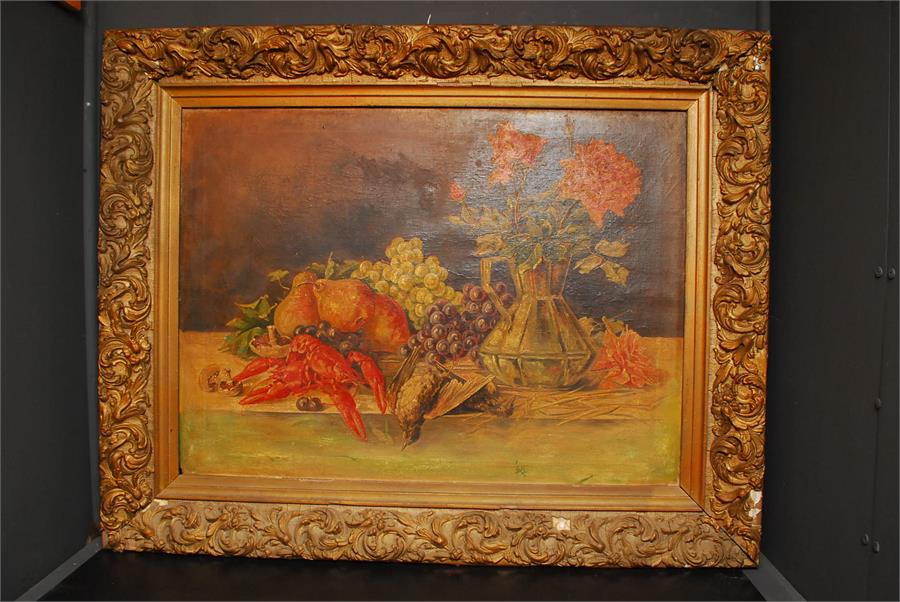 Large oil - still life with gesso frame - unsigned - Image 13 of 23
