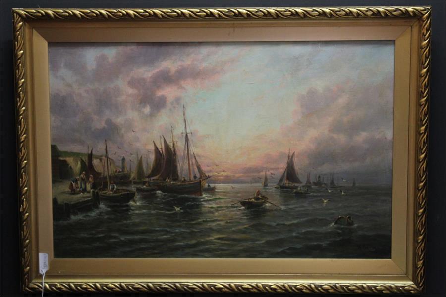 Dutch (?) Oil on canvas bearing indistinct signature M Jeikson (?) Harkson (?) of sunset with - Image 17 of 39