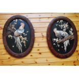 Pair of large oval framed coloured mother of pearl roosters - 20th century
