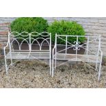 Two regency style metal slatted garden benches.