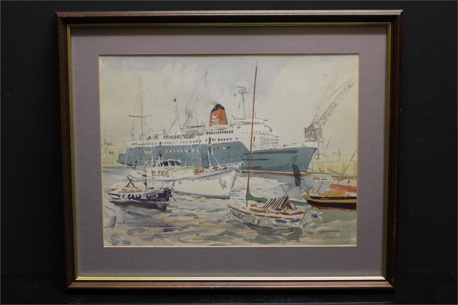 Of Nautical interest, a watercolour of a dock yard depicting a Sealink Ferry. - Image 2 of 28