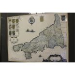 Framed coloured print of a map of Cornwall / Cornwallia / Cornubia