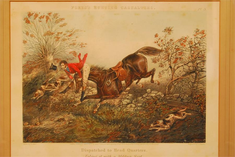 Hunting sporting print - "dispatched to headquarters" " taking with it a military seat" Published