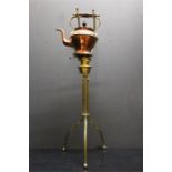 Brass floor standing spirit kettle burner on tripod with copper kettle