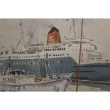 Of Nautical interest, a watercolour of a dock yard depicting a Sealink Ferry.