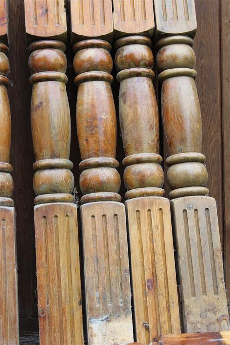 Salvage - Pine newel posts with acanthus carved urn shaped finials, 19th century, traces of old - Image 2 of 7