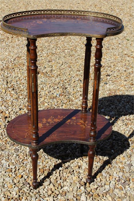 Kidney shaped rosewood or mahogany two tier table / etagere, french style, floral marquetry inlaid