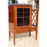 Mahogany and inlaid telephone table glazed cabinet with two lower drawers on tapered legs with