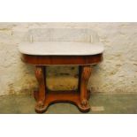 A walnut half moon marble topped console table / washstand.