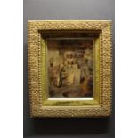 Reverse glass print in gold painted frame depicting an early Georgian scene. Dimensions height inc