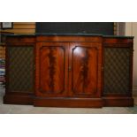 Breakfront low bookcase with marble top and lattice doors. 20th century. Note: marble top is