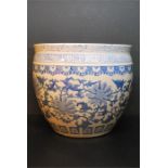 Chinese style blue and white fish bowl / planter - 19" dia, 18" high. late 20th century