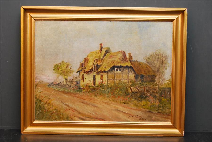 oil painting of a cottage bearing signature Aileen Smith and dated 1929