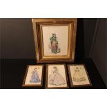 Four pictures of ladies, three in pen and ink (?) - and a coloured print / poster "Theatre des