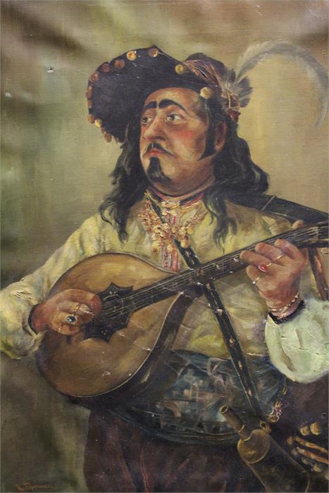 Mandolin Player possibly South American. Oil on canvas. Bearing signature and dated "K. Tippmer" '