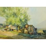 FRAMED AND GLAZED WATERCOLOUR 'CATTLE IN FARM YARD RUIN' 14" X 10" SIGNED F LAWSON 1911