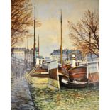 OIL ON CANVAS SIGNED JOHN '74 OF BARGES ON RIVER PARIS/AMSTERDAM