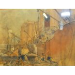 PENCIL AND WASH - UNLOADING CARGO BOAT (CR 1910-1930) 12" x 16"